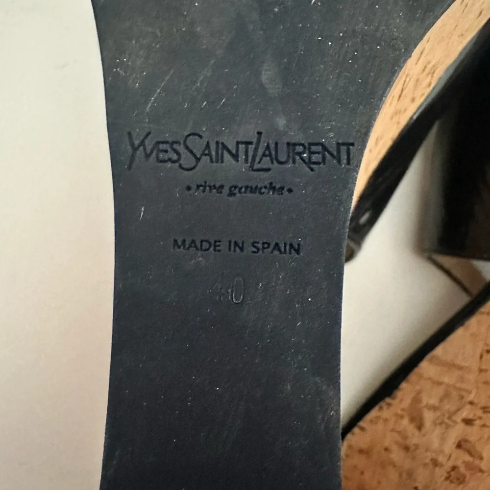 Yves Saint Laurent YSL Black Patent Leather Slingback Cork Wedge Platform EU 40